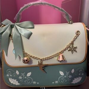 Lounge fly Tinkerbell Holiday Bag. Elegant Green and Cream Handbag